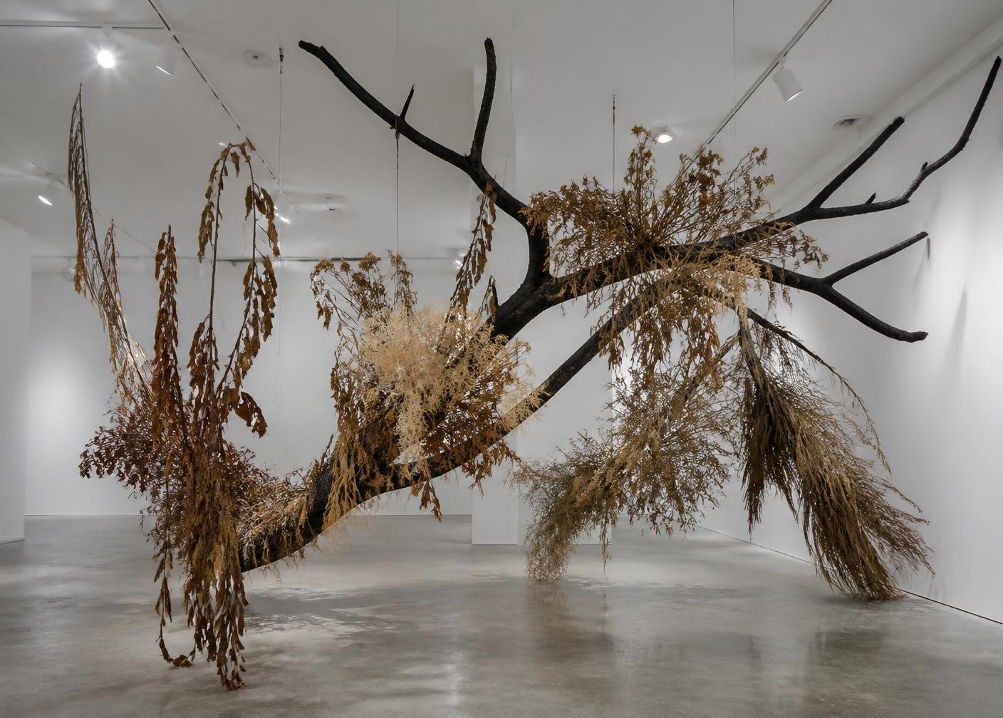 Suspended branch and dried botanical sculptural installation in a gallery space